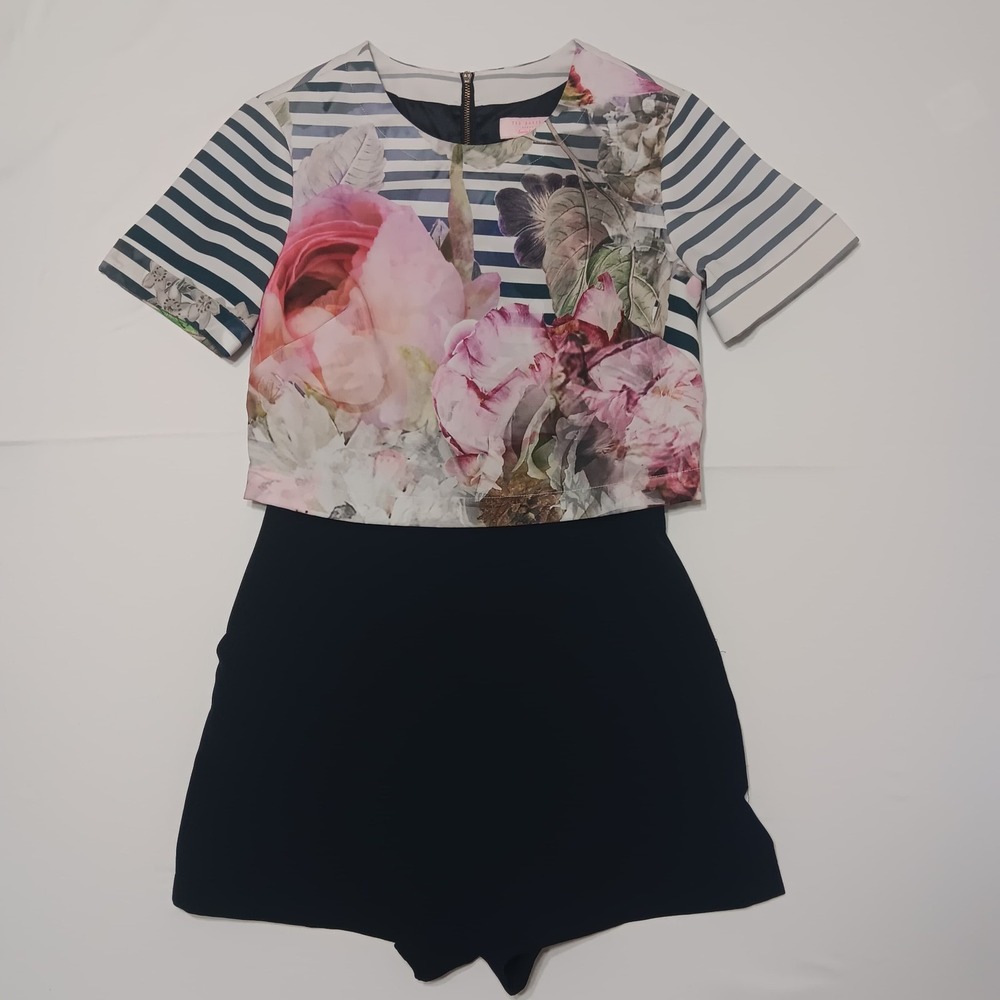 Ted Baker Women's Floral Stripe‎ Playsuit Romper US Size 2 (Ted Size 0) Zip Back
